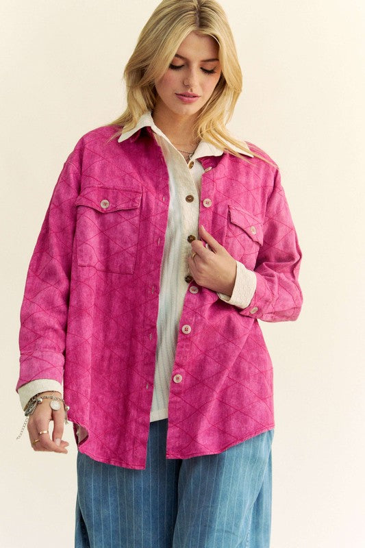 Bambi Curved Hem Diamond Quilted Button Up Denim Shacket