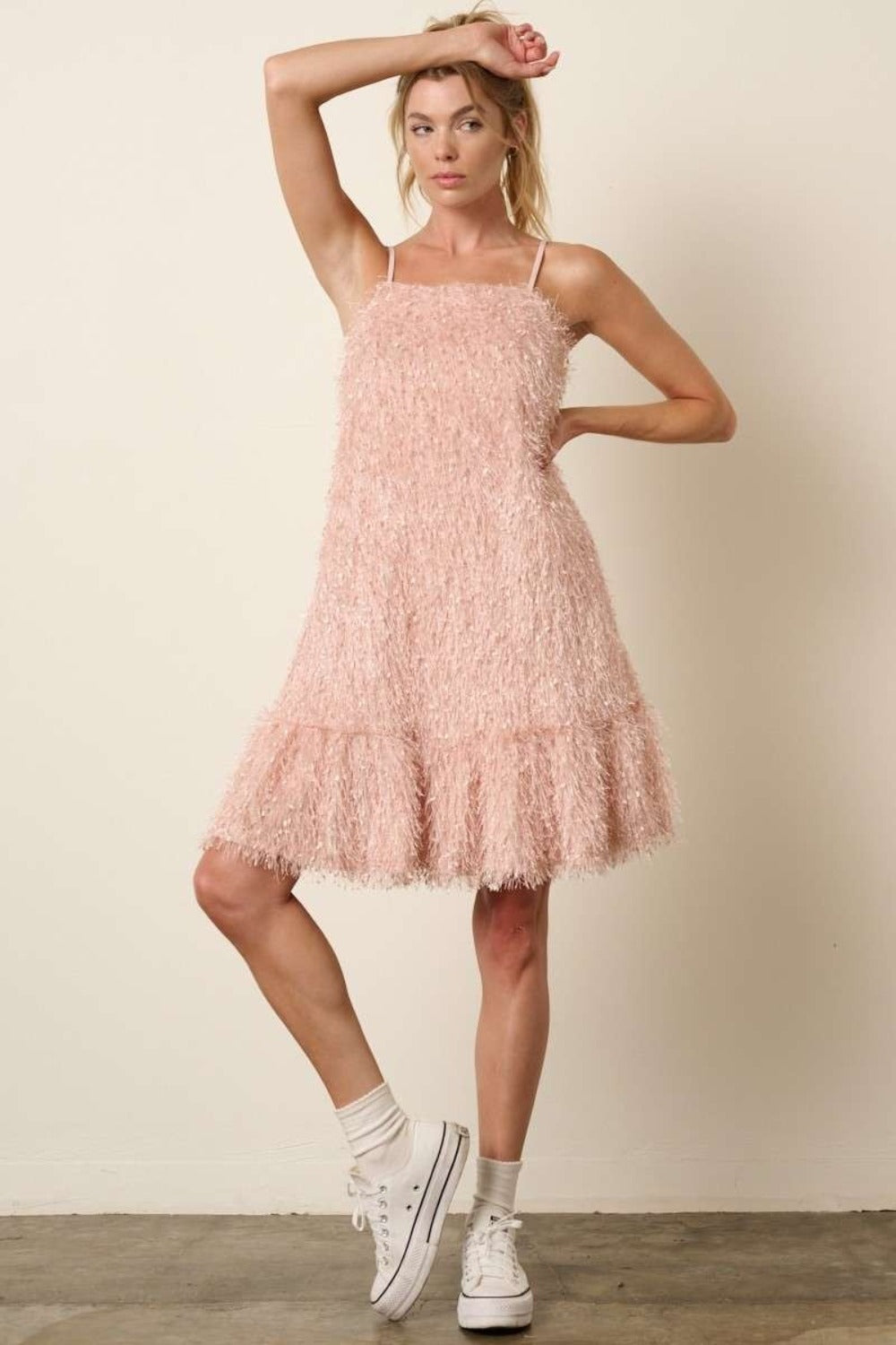 Brielle Feather Ruffle Hem Mini Cami Dress