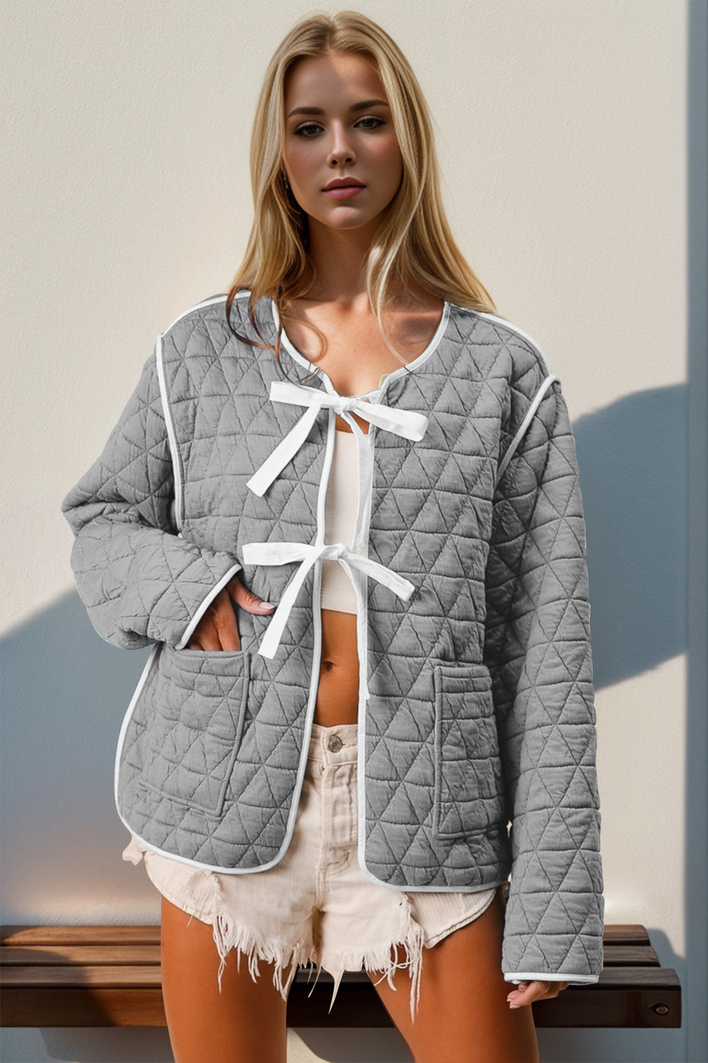 Astrid Contrast Trim Tie Front Quilted Jacket with Pockets