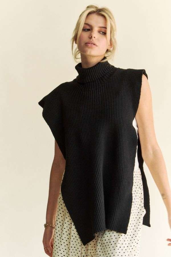 Winnie Side Split Turtleneck Sleeveless Knit Top