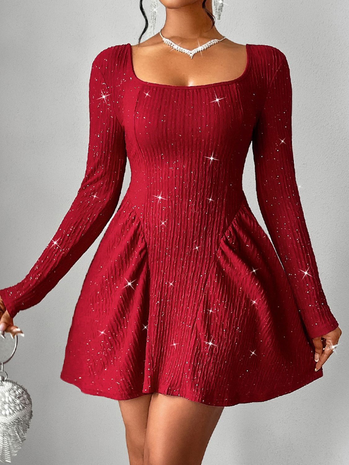 Bellarue Backless Glitter Square Neck Long Sleeve Mini Dress