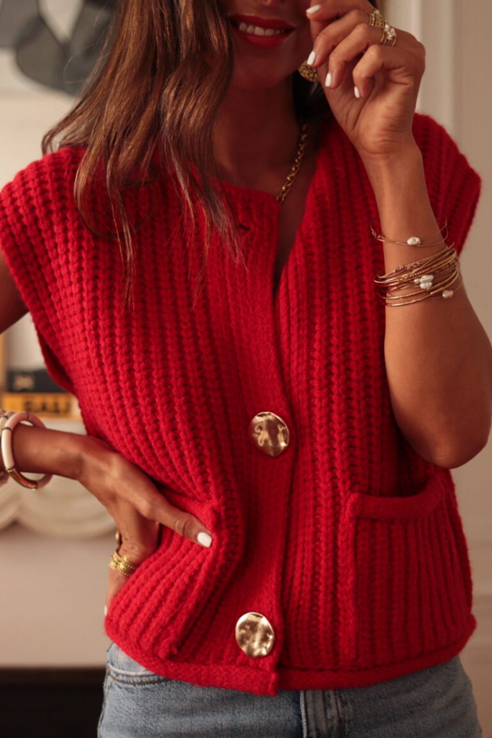 Nova Button Down Sweater Vest with Pockets- Multiple Colors