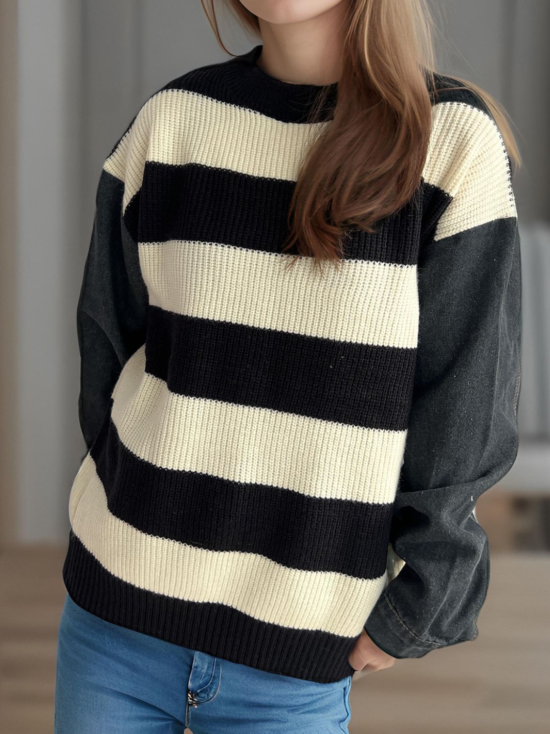 Cara Striped Denim Sleeve Sweater