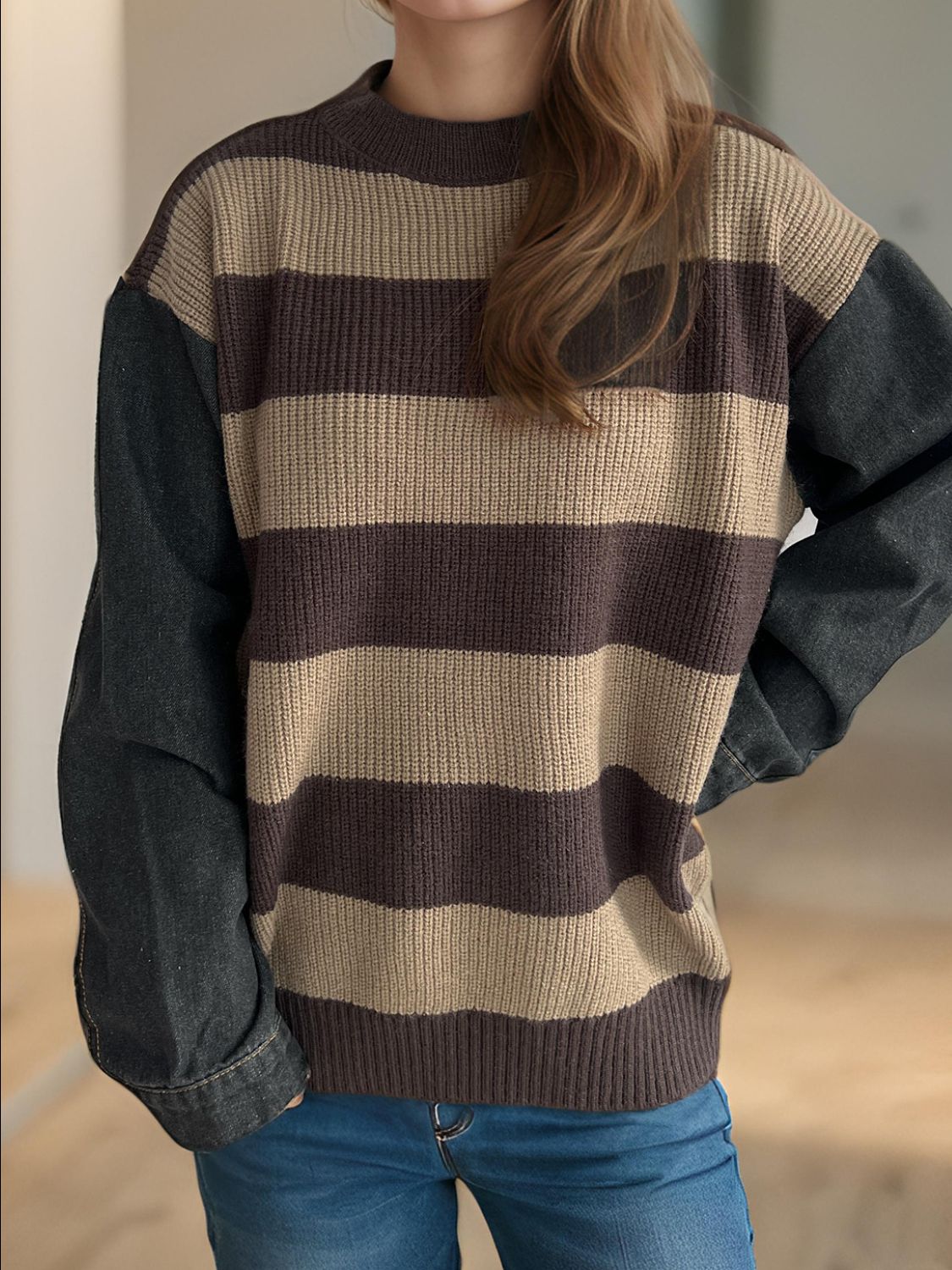 Cara Striped Denim Sleeve Sweater