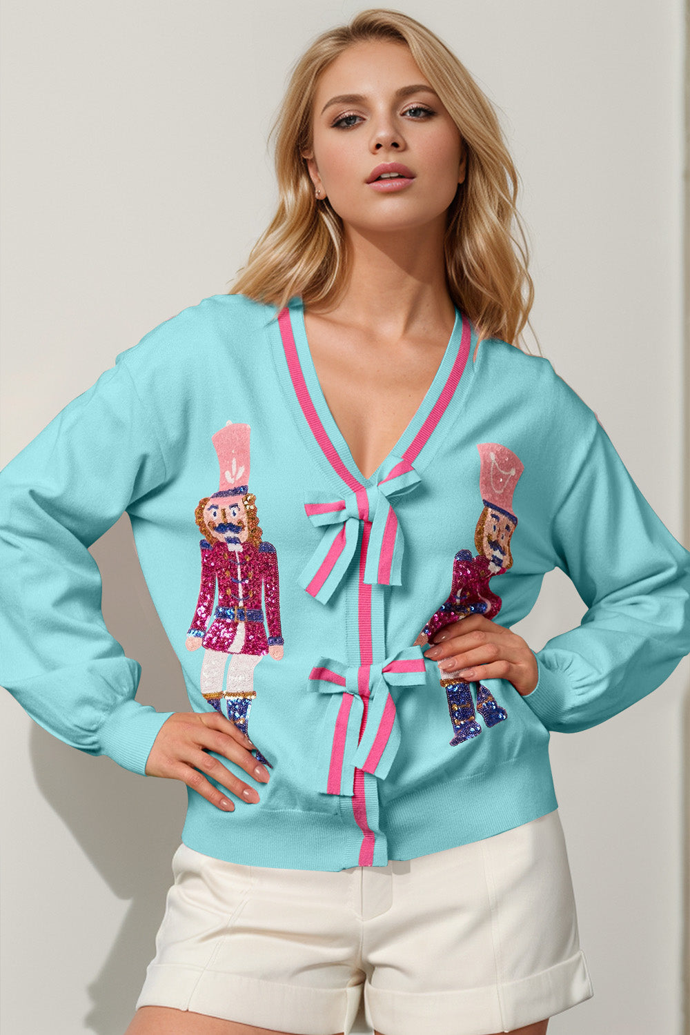 Nutcracker Sequin Bow Decor Cardigan-Multiple Colors!