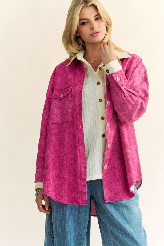 Bambi Curved Hem Diamond Quilted Button Up Denim Shacket