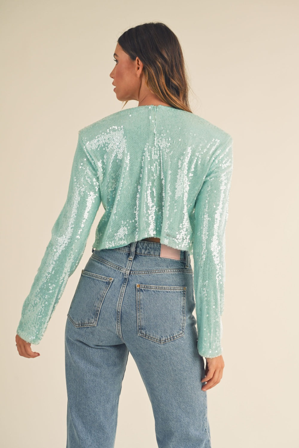 Arabella Shoulder Padded Sequin Crop Top