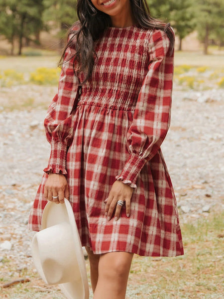 coffee plaid puffed sleeve mini dress Rihoas Cottagecore Gingham Smocked Puff-Sleeve Cotton Midi Dress, Coffee / S
