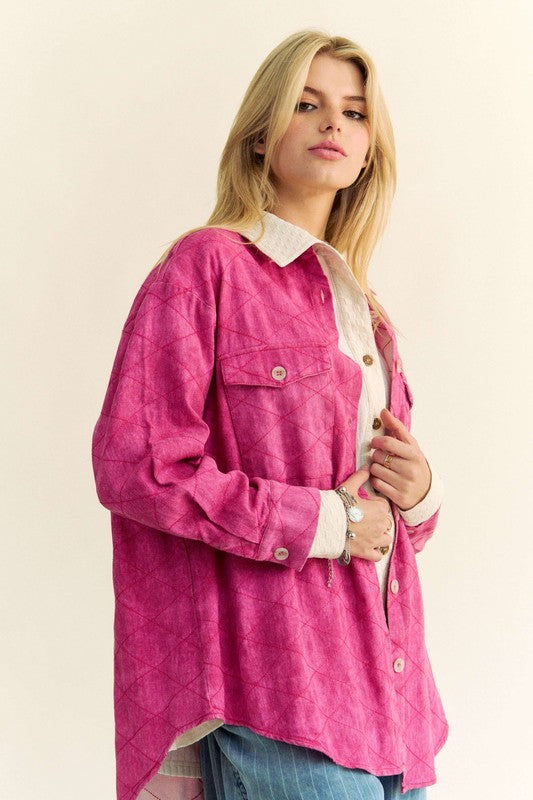 Bambi Curved Hem Diamond Quilted Button Up Denim Shacket