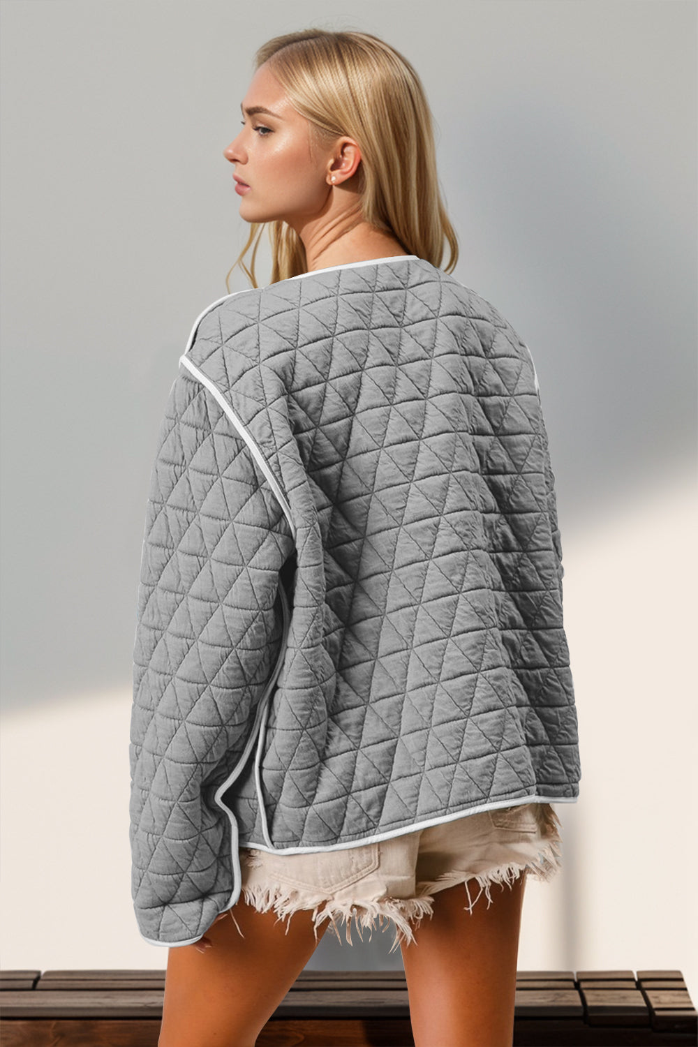 Astrid Contrast Trim Tie Front Quilted Jacket with Pockets