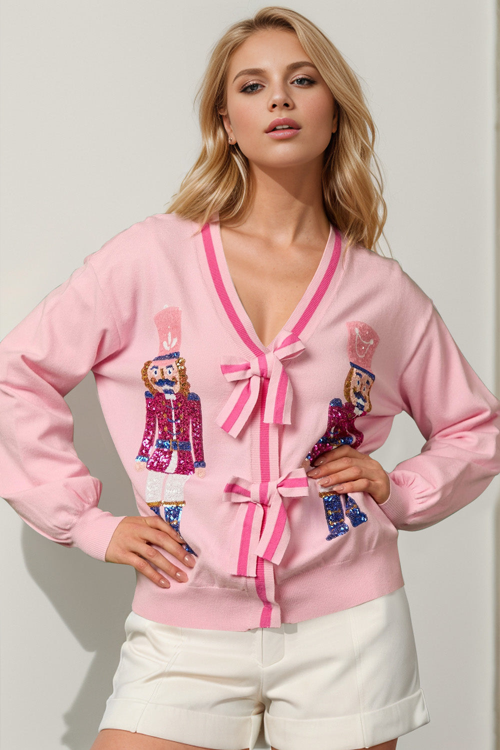 Nutcracker Sequin Bow Decor Cardigan-Multiple Colors!
