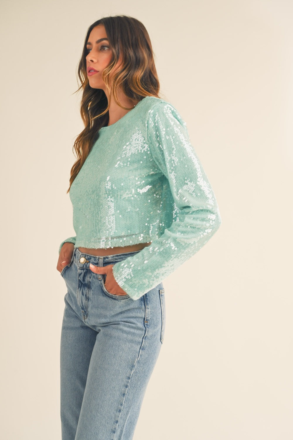 Arabella Shoulder Padded Sequin Crop Top