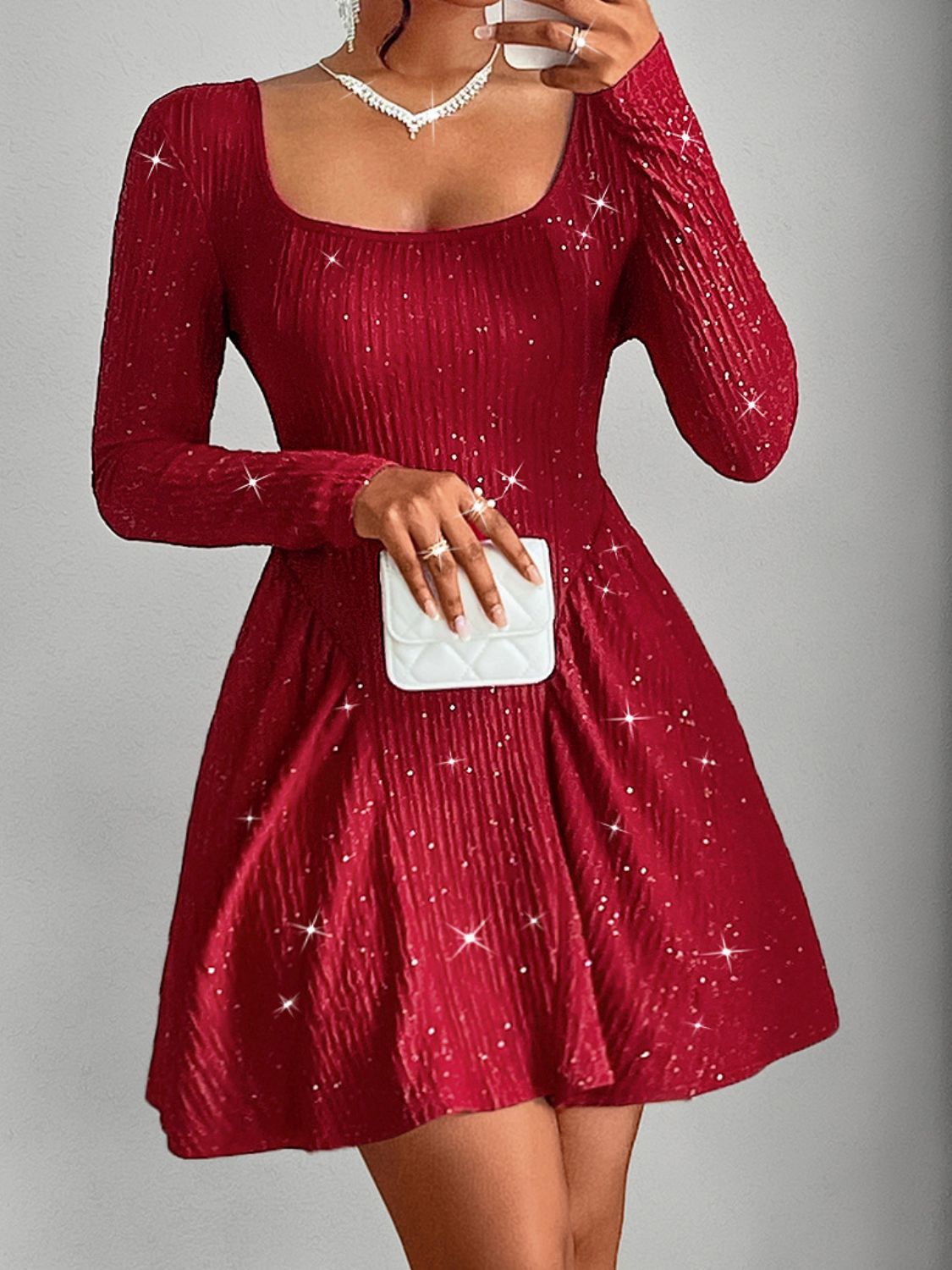 Bellarue Backless Glitter Square Neck Long Sleeve Mini Dress
