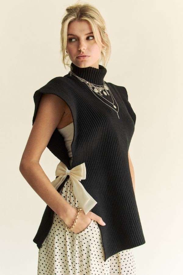 Winnie Side Split Turtleneck Sleeveless Knit Top