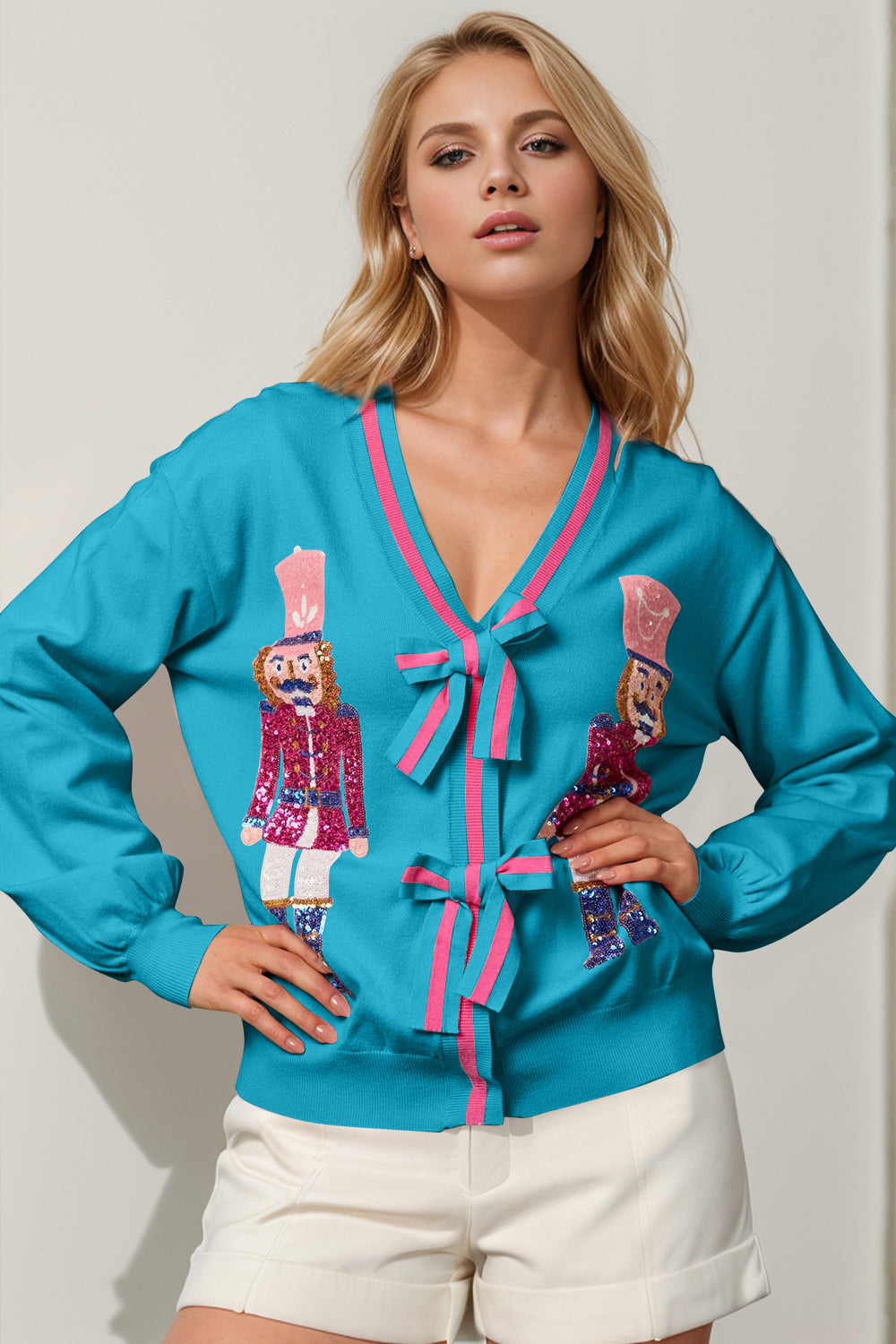 Nutcracker Sequin Bow Decor Cardigan-Multiple Colors!