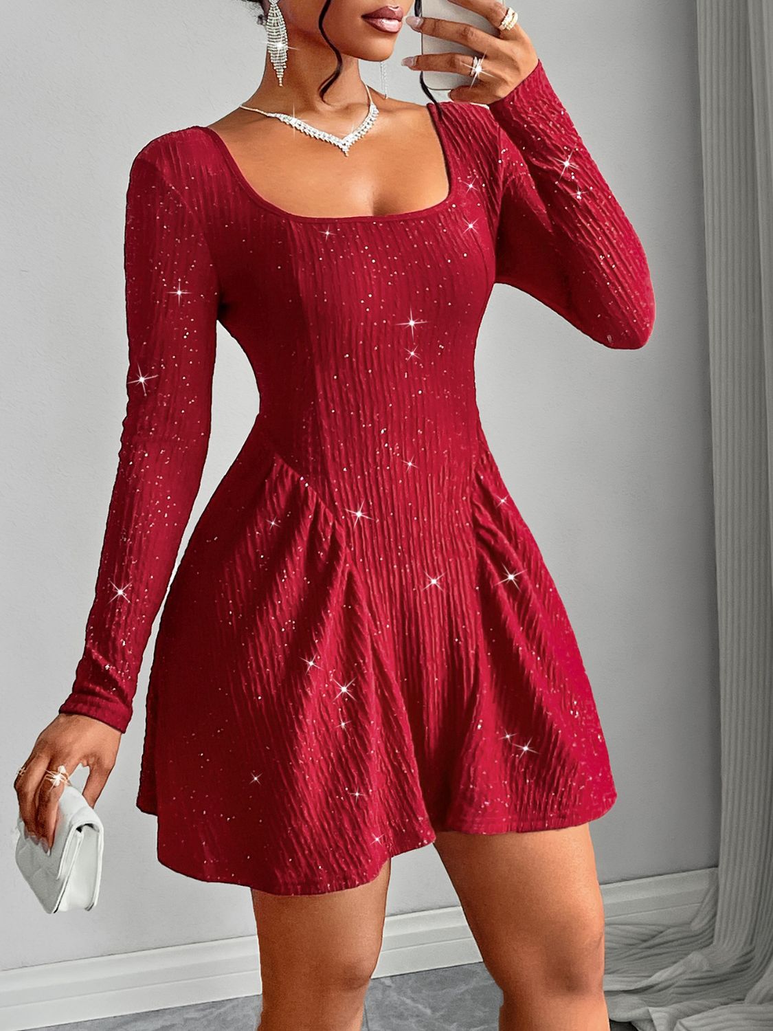 Bellarue Backless Glitter Square Neck Long Sleeve Mini Dress