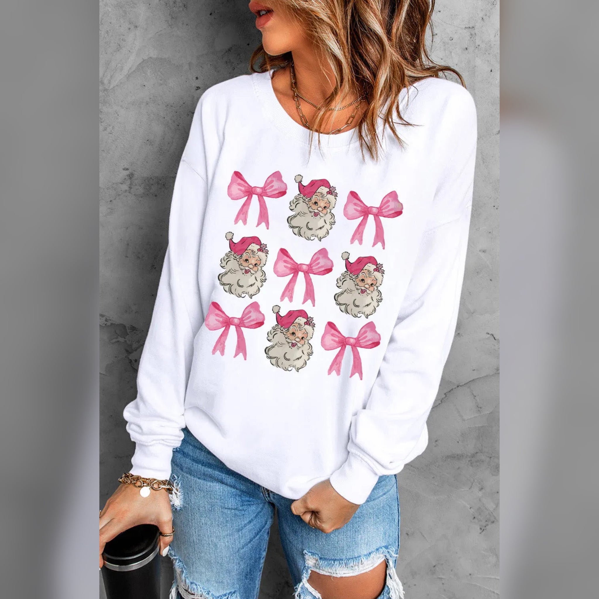 Sweet Bow Santa Graphic Long Sleeve Sweatshirt