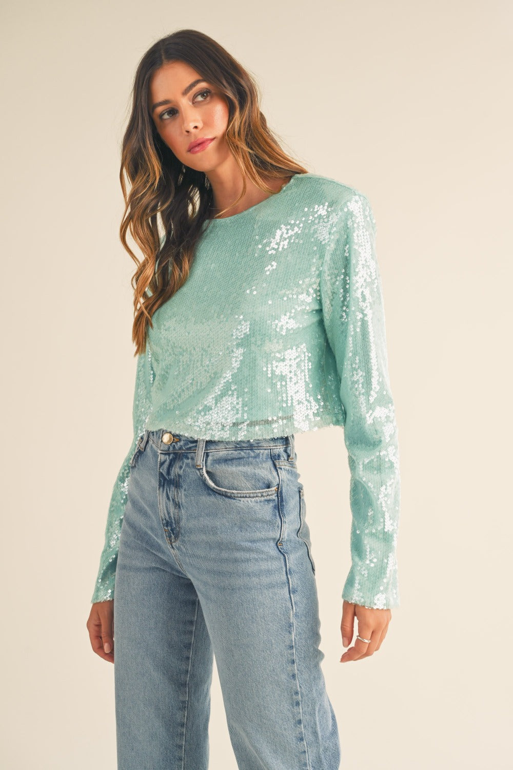 Arabella Shoulder Padded Sequin Crop Top