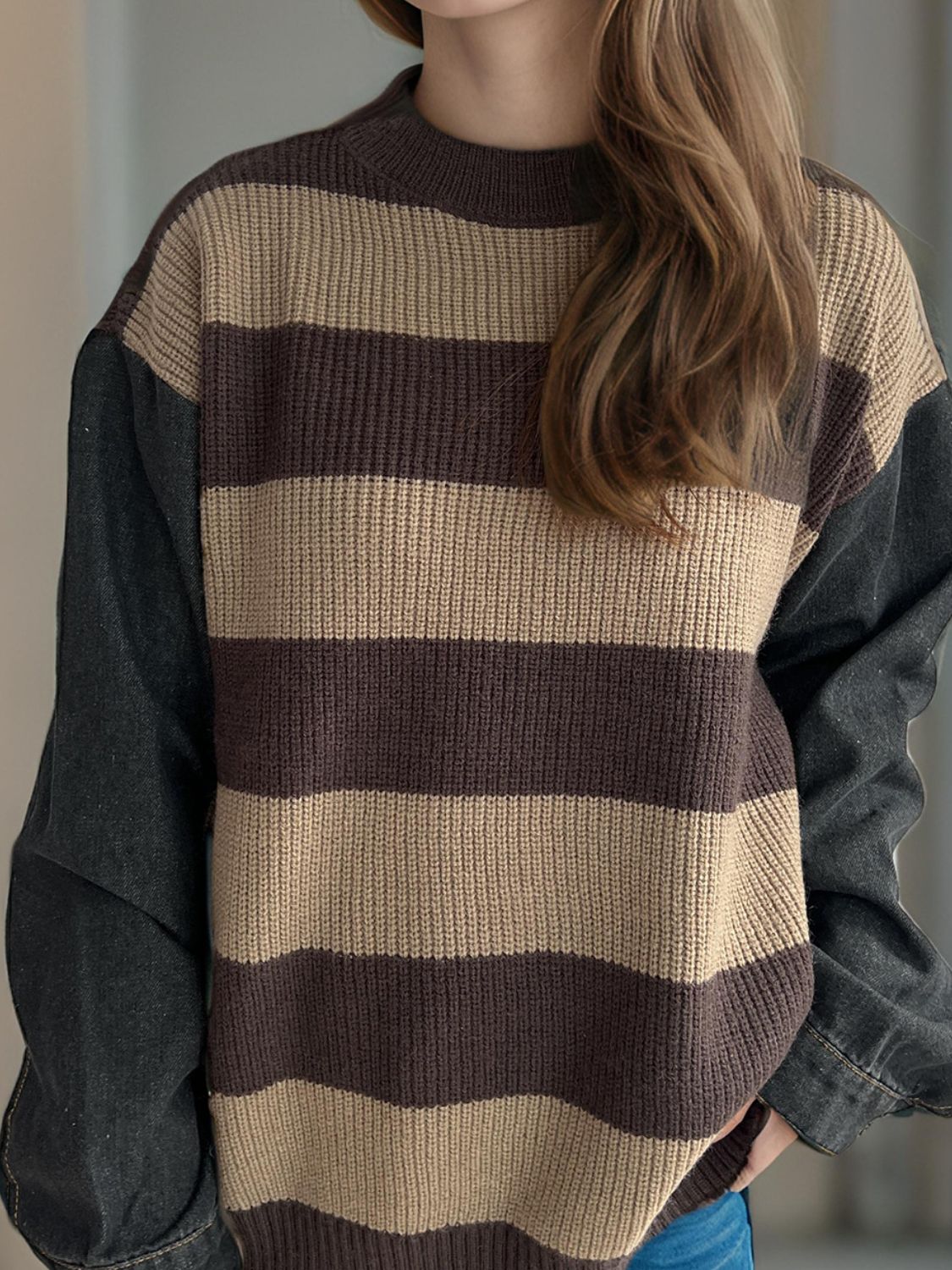 Cara Striped Denim Sleeve Sweater
