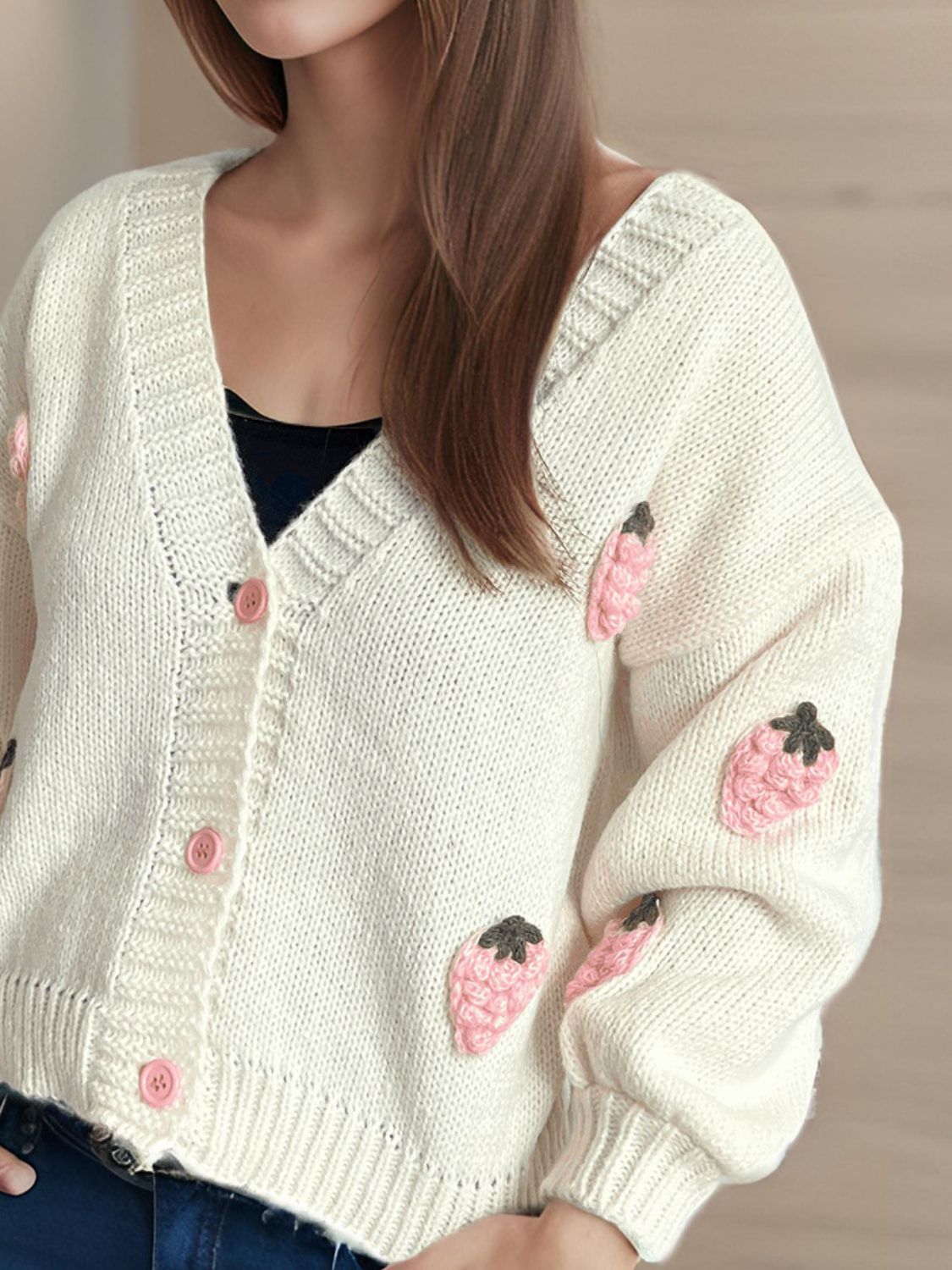 Strawberry Cake V-Neck Long Sleeve Cardigan