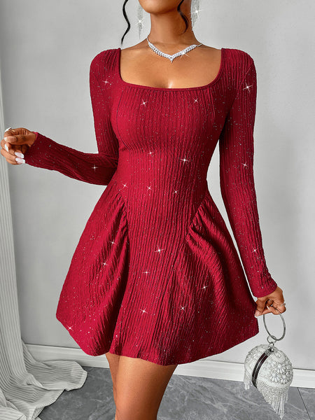 Bellarue Backless Glitter Square Neck Long Sleeve Mini Dress