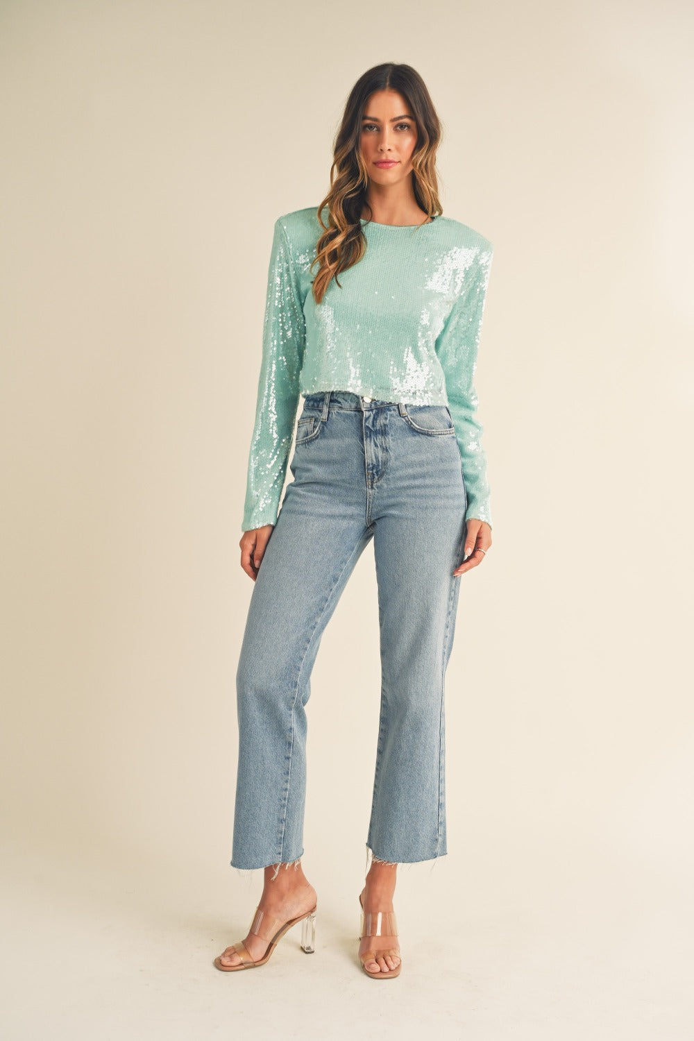 Arabella Shoulder Padded Sequin Crop Top