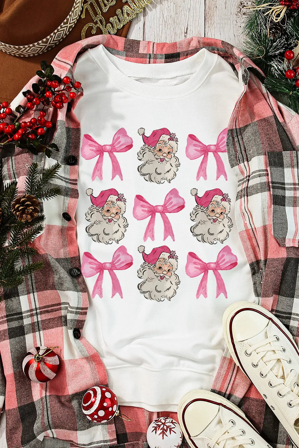 Sweet Bow Santa Graphic Long Sleeve Sweatshirt