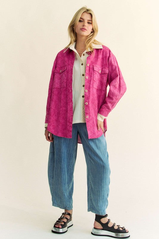 Bambi Curved Hem Diamond Quilted Button Up Denim Shacket
