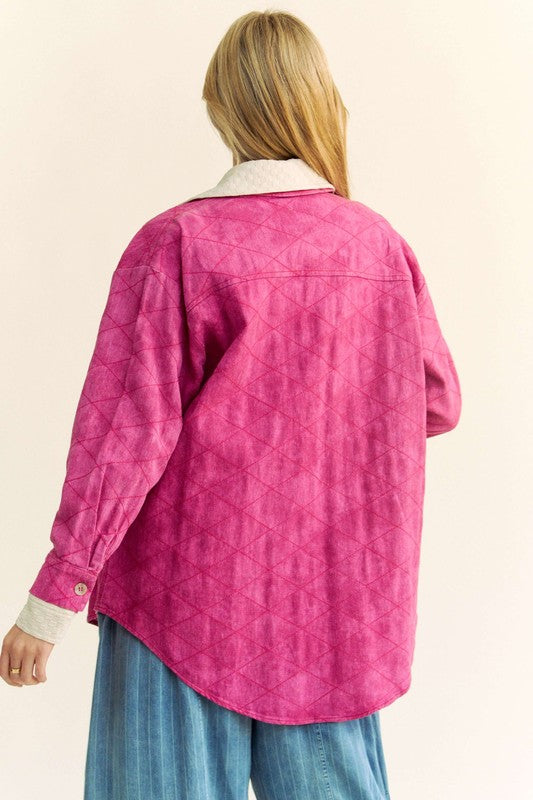 Bambi Curved Hem Diamond Quilted Button Up Denim Shacket