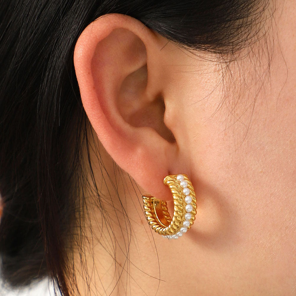 Lainey Stainless Steel Pearl C-Hoop Earrings