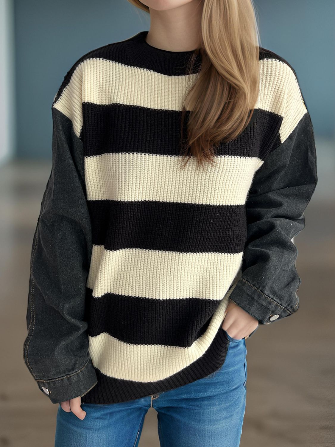 Cara Striped Denim Sleeve Sweater