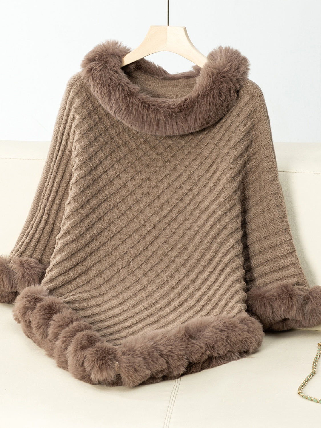 Flory Fuzzy Trim Texture Three-Quarter Sleeve Poncho- Multiple Color Options