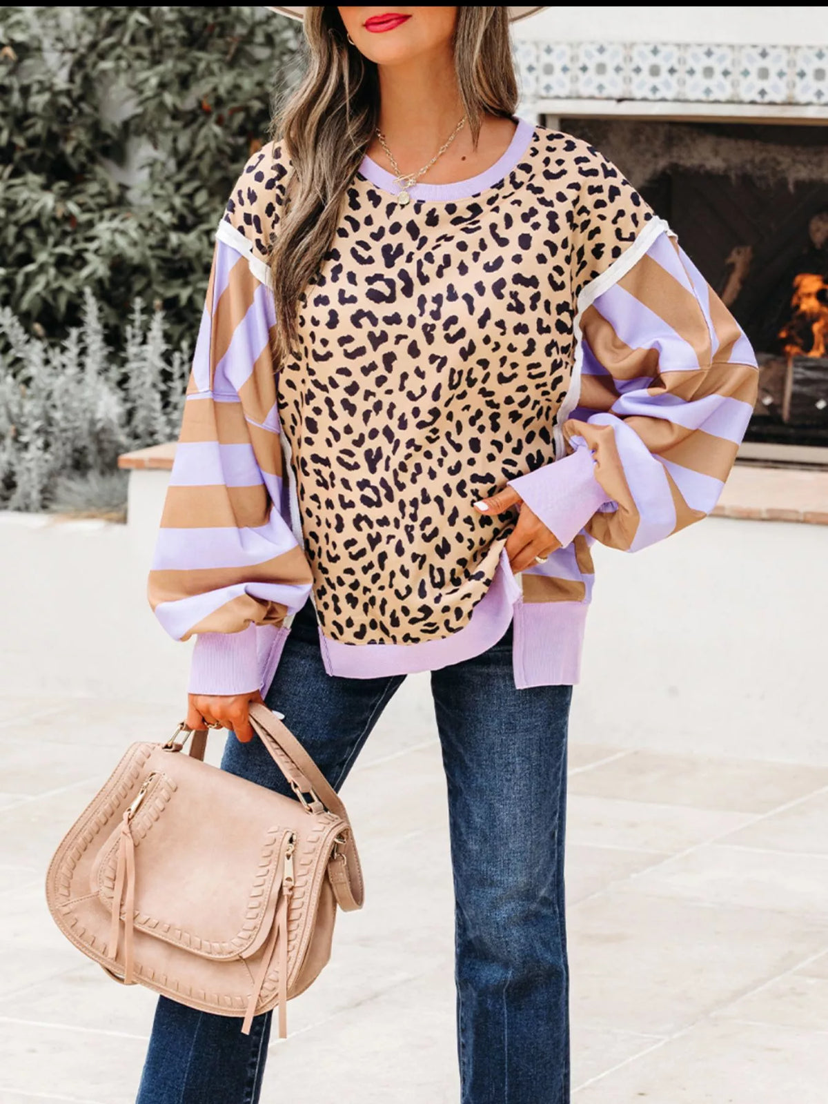 Laila Stripe Color Block Patchwork Leopard Casual Sweatshirt with Slits