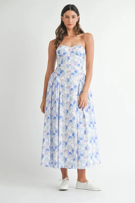 Frolicking Princess Sweetheart Neckline Floral Printed Midi Dress