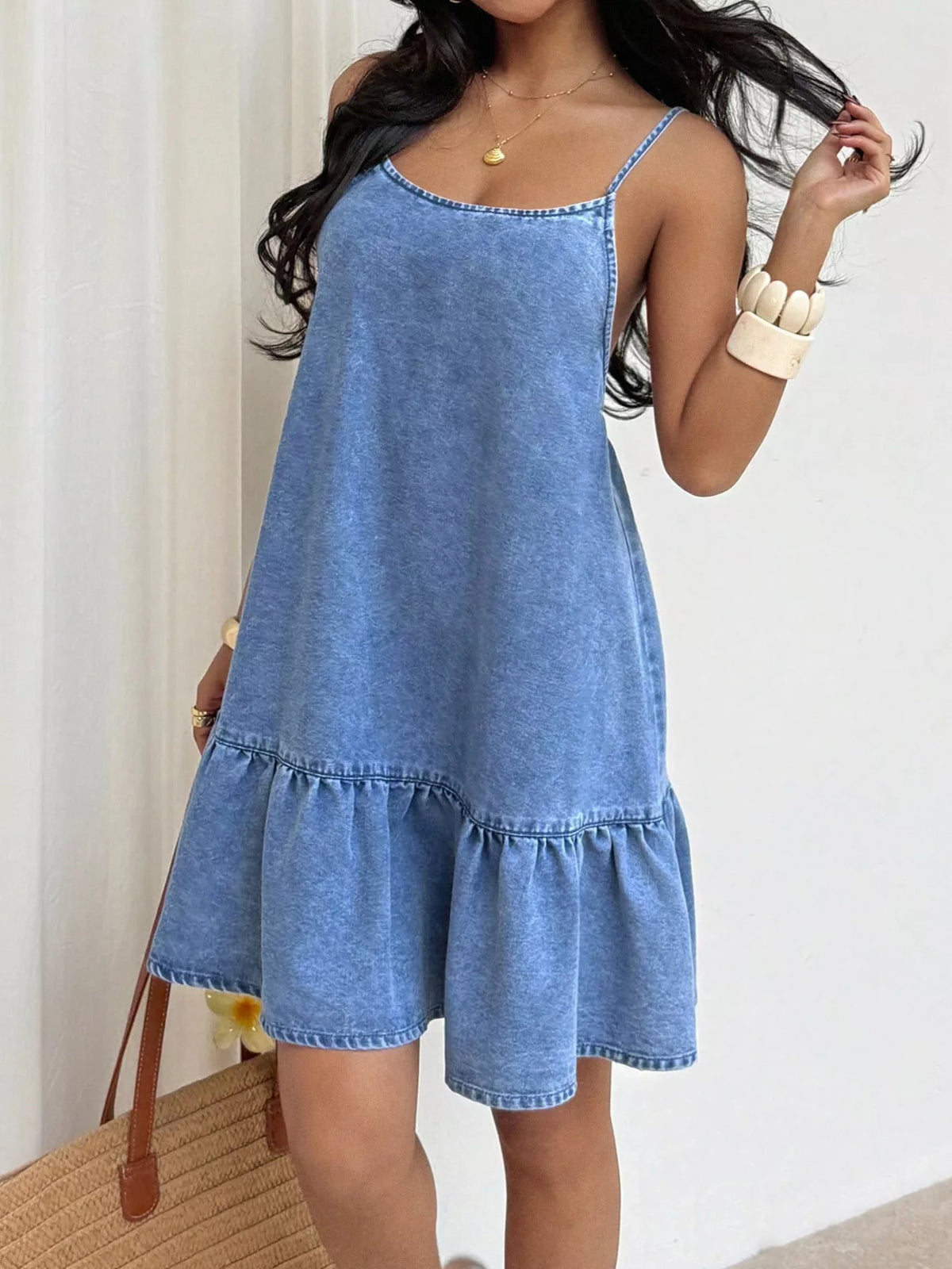 Tallulah Spaghetti Ruffle Hem Denim Dress
