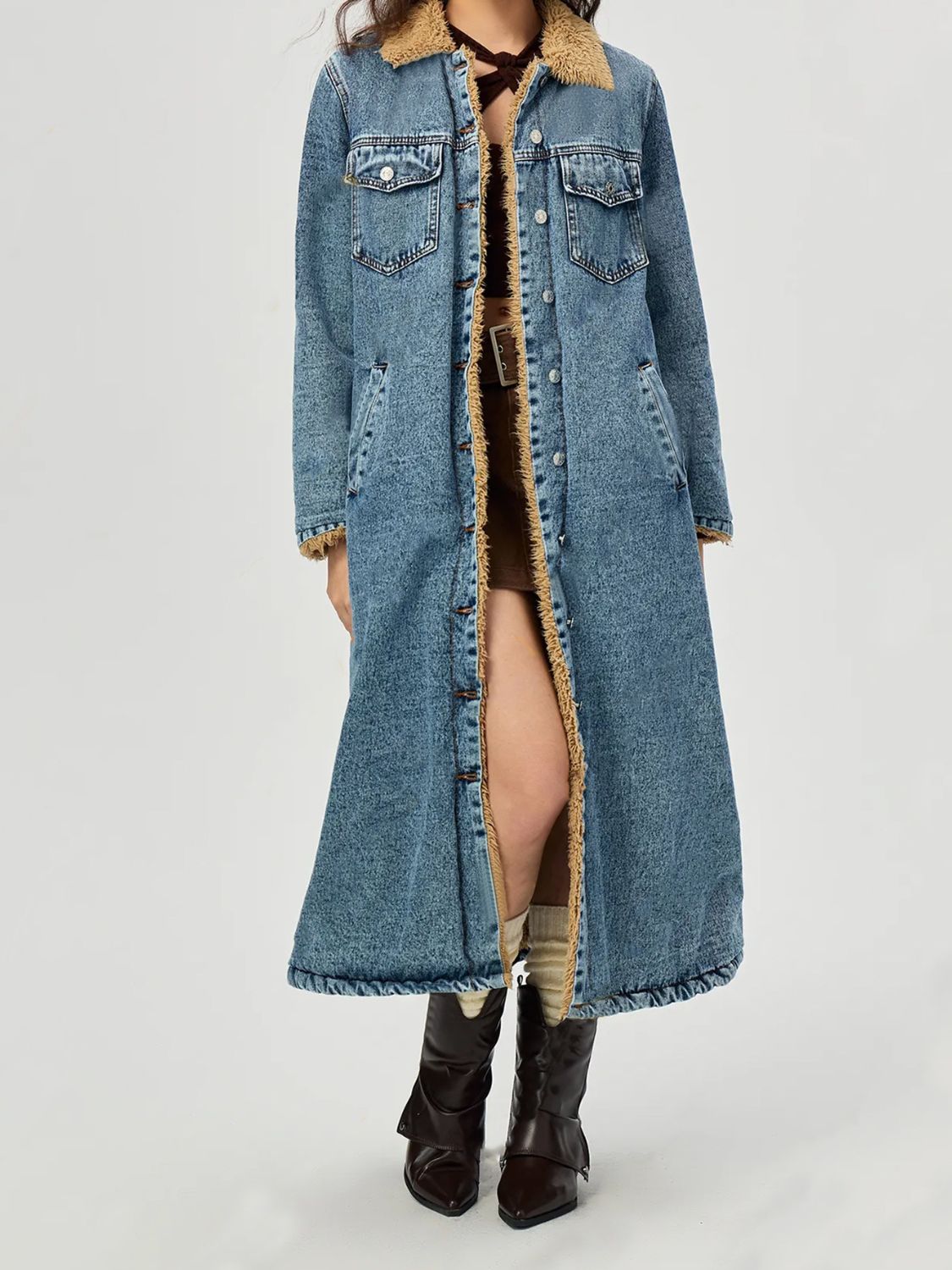 Beverly-Amory Pocketed Button Up Denim Jacket with Fur Lining