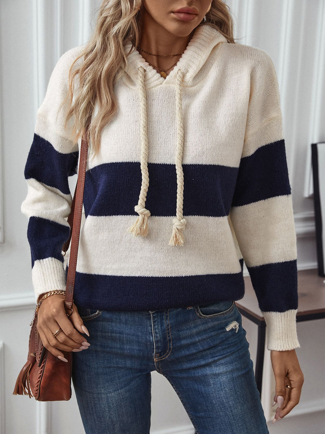 Allison Drawstring Contrast Stripe Dropped Shoulder Hooded