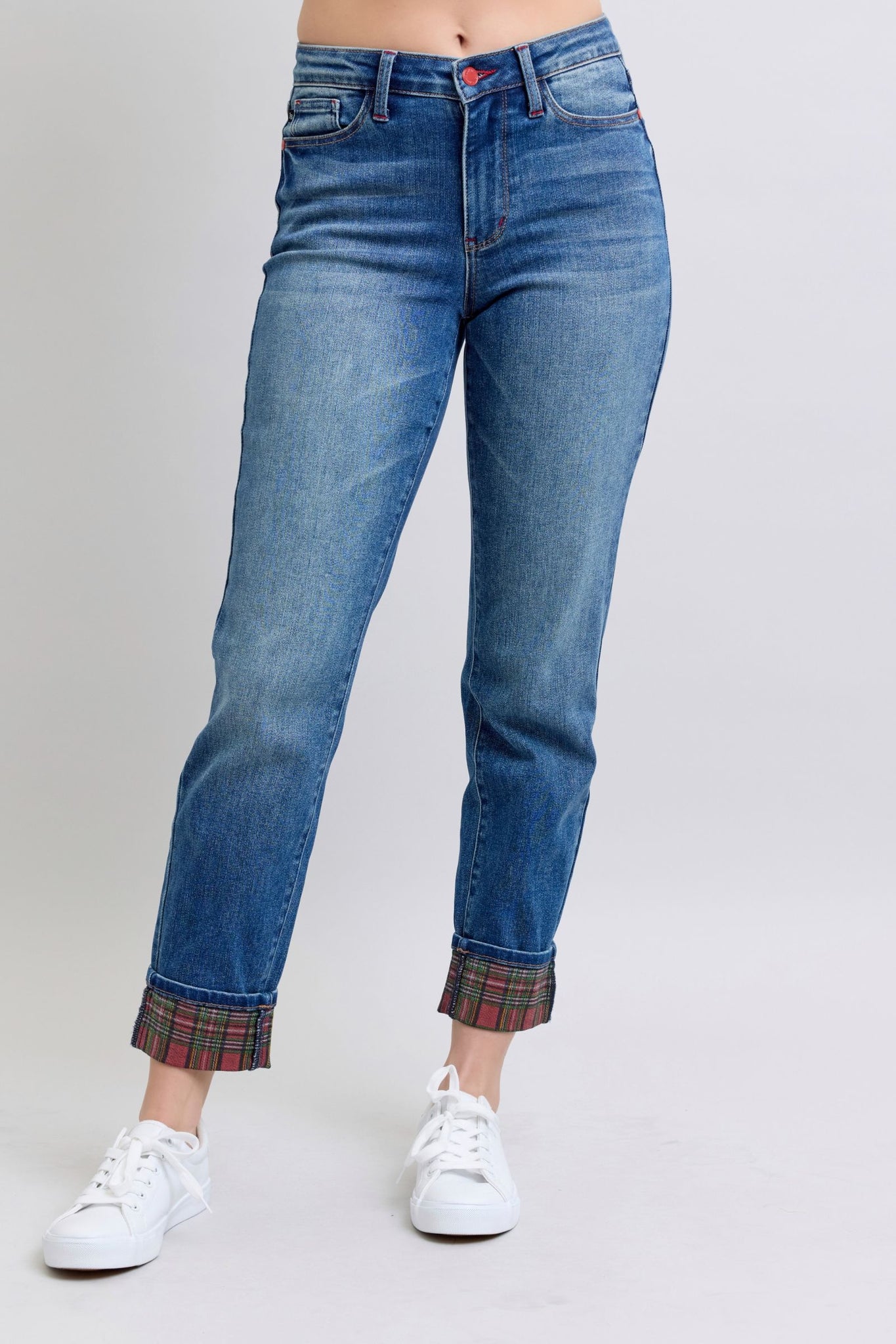 Pari Plaid Print Cuff Straight Leg Jeans with Pockets