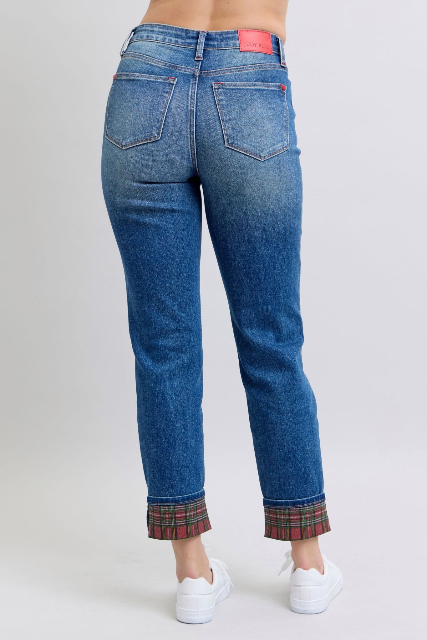 Pari Plaid Print Cuff Straight Leg Jeans with Pockets