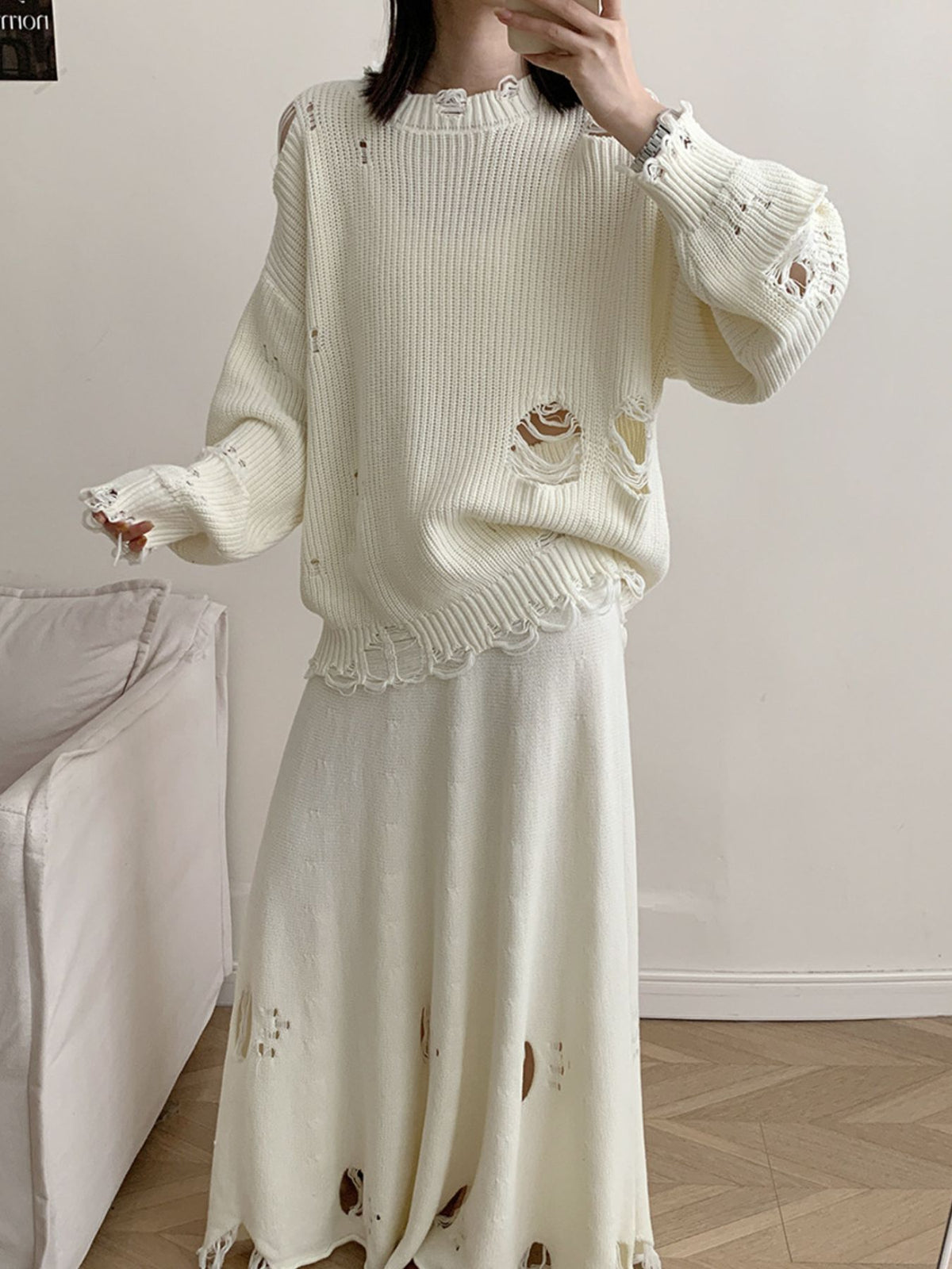 Zoe Distressed Sweater and Skirt Set
