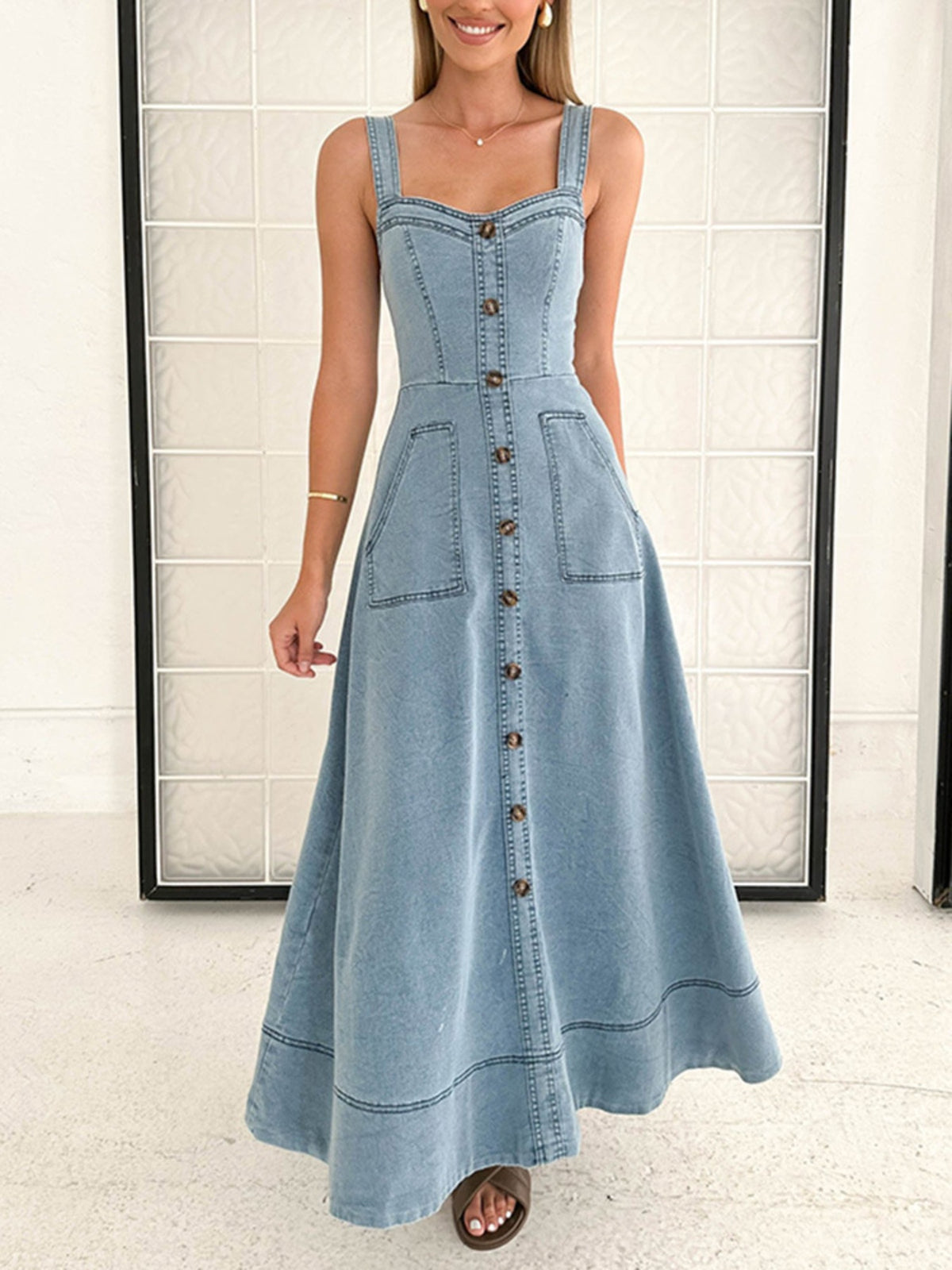 Amelia Button Front A-Line Denim Dress
