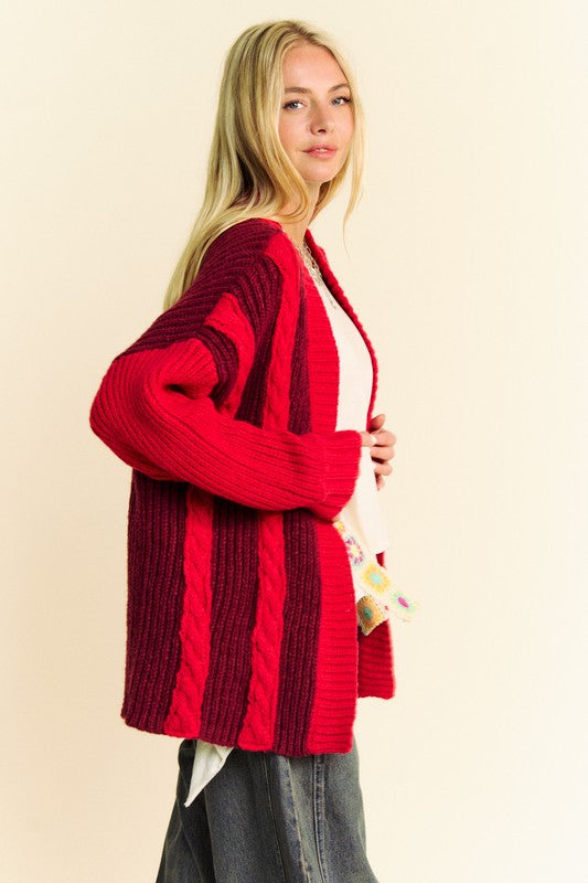 Rue Cable-Knit Color Block Open Front Cardigan