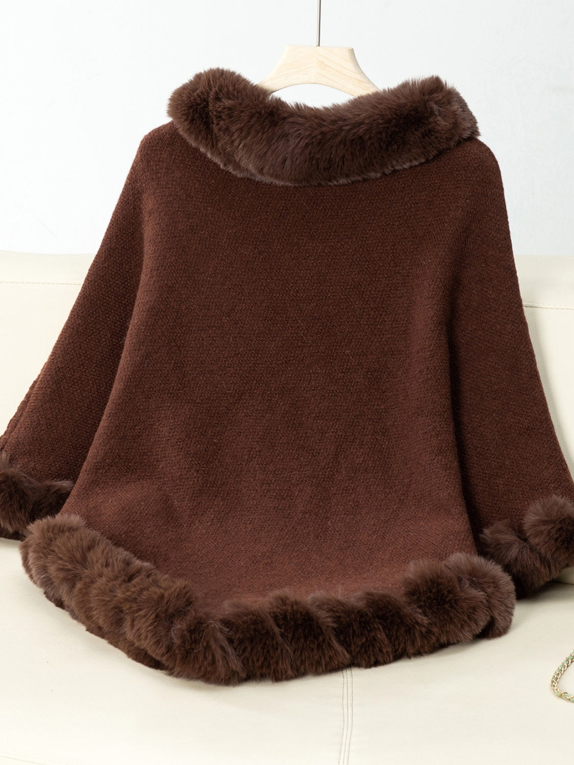 Flory Fuzzy Trim Texture Three-Quarter Sleeve Poncho- Multiple Color Options