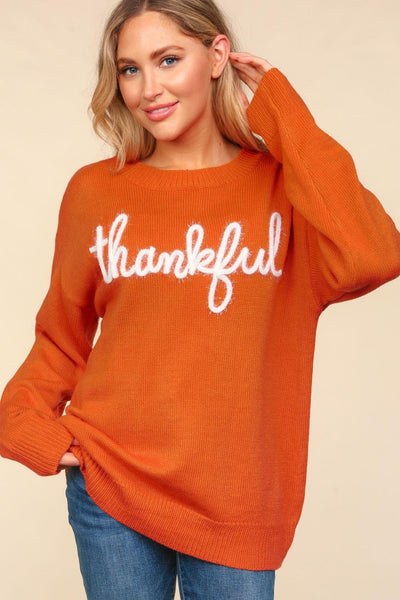 Be Thankful Metallic Glitter Embroidery Sweater