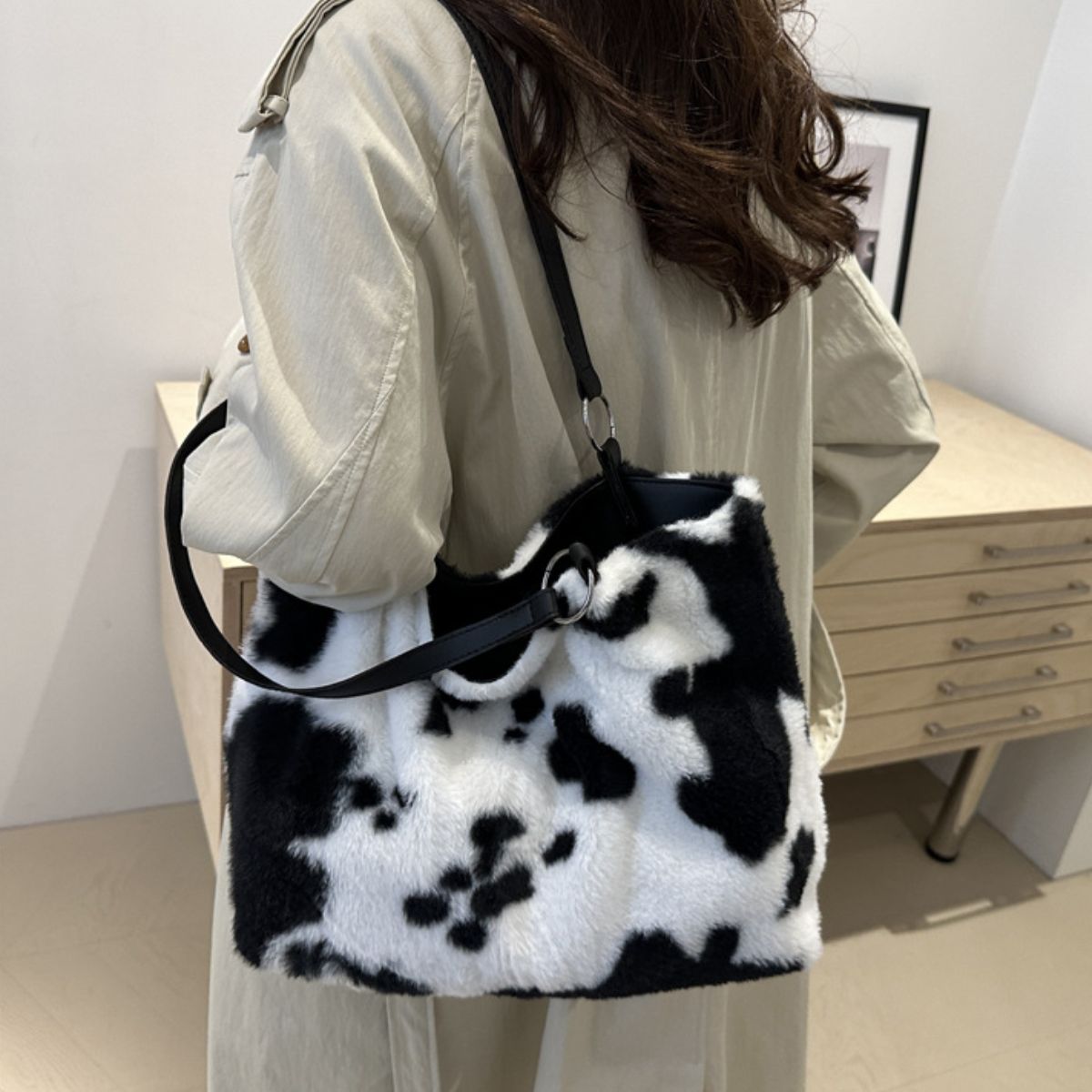 Maisie Cow Print Furry Tote Bag-Multiple Color Options