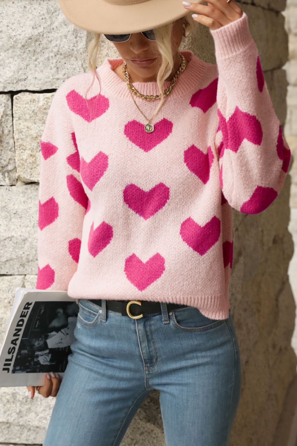 Parker Heart Pattern Dropped Shoulder Sweater-Multiple Color Options