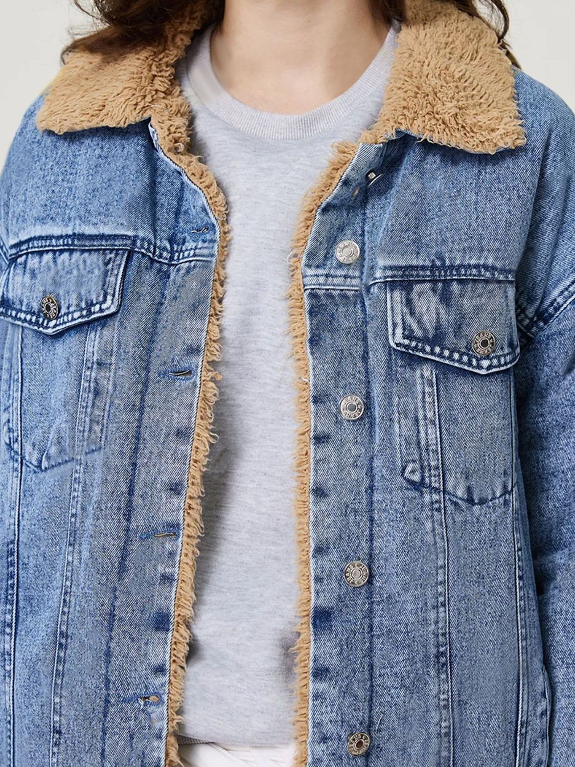 Beverly-Reese Button Up Collared Neck Plush Denim Jacket