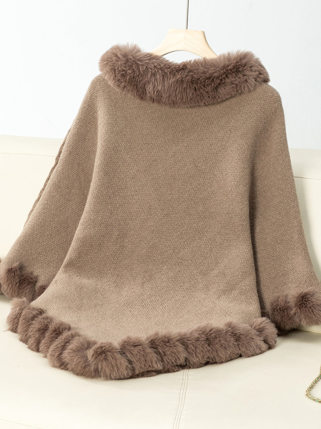 Flory Fuzzy Trim Texture Three-Quarter Sleeve Poncho- Multiple Color Options