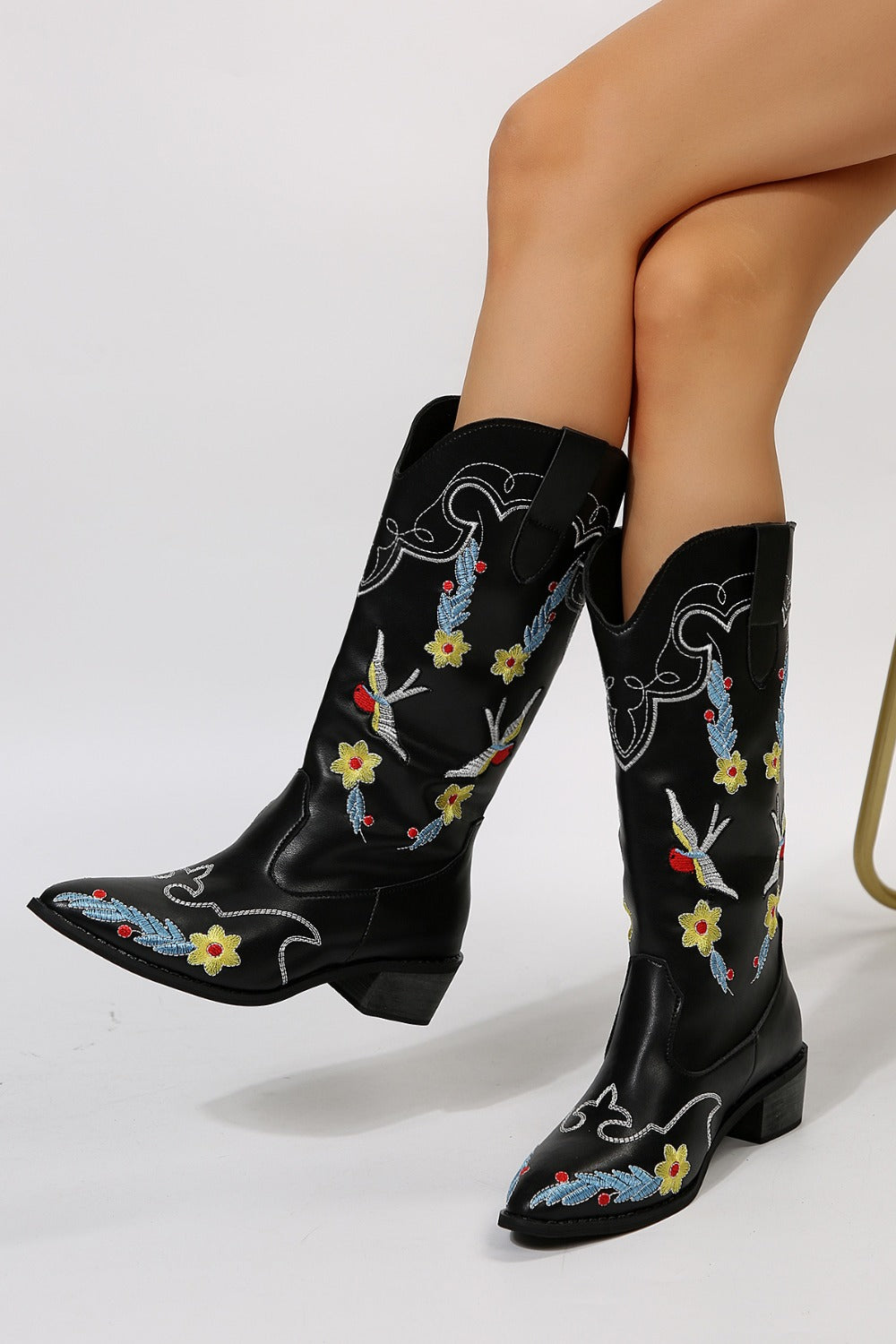 Emerald Embroidered Point Toe Block Heel Boots