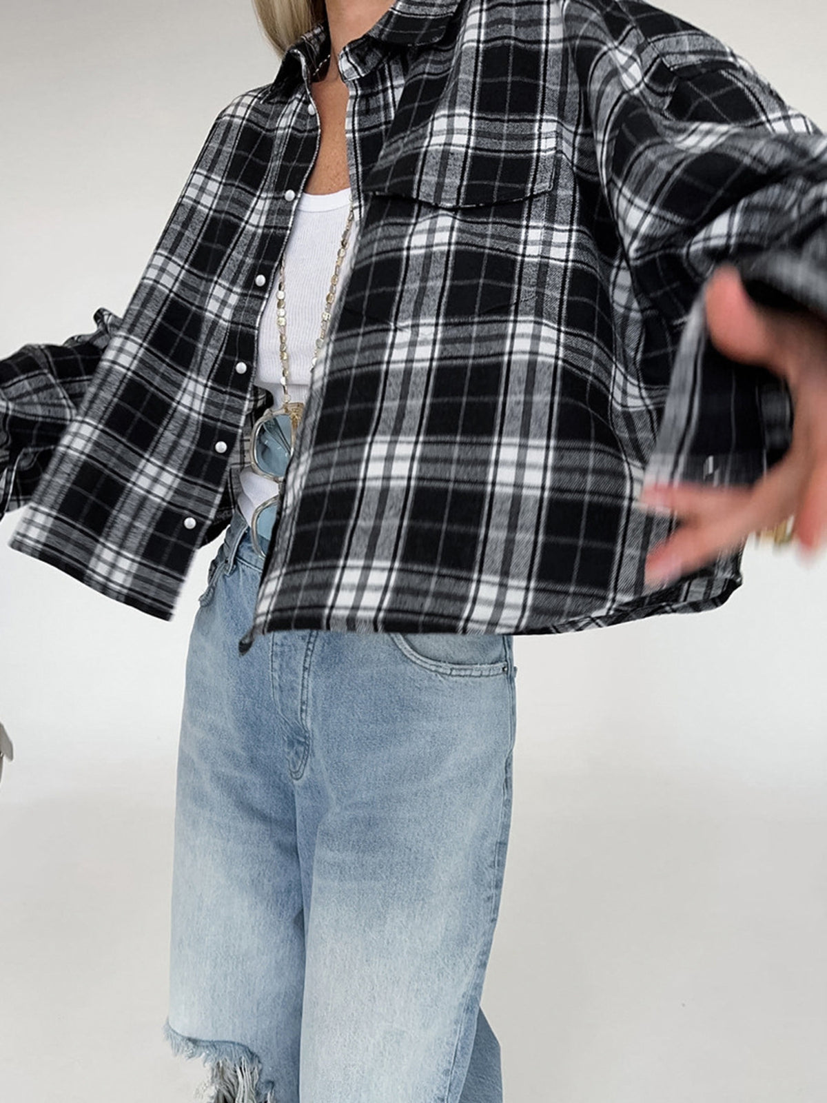 Dove Oversized Plaid Button Up Top